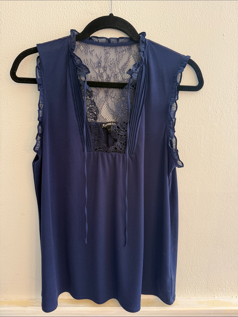 Express Navy Lace-Back Sleeveless Chemise with Ruffle Trim